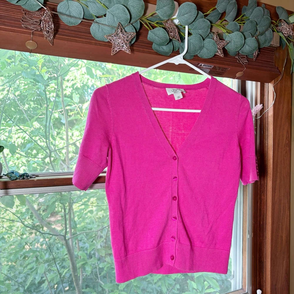 Ann Taylor Loft Petites Hot Pink Short Sleeve Button Up Cardigan Size XSP Twee